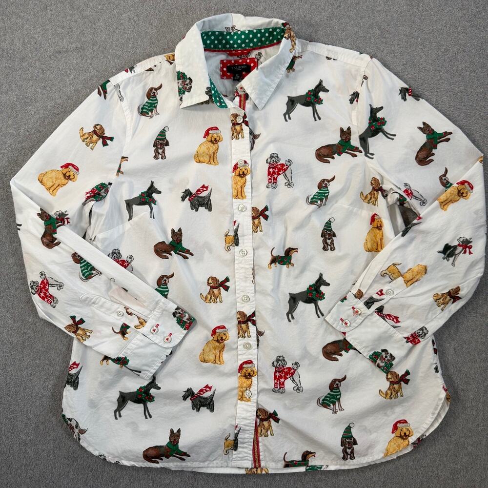 Talbots Petite LG Christmas Dogs Button Up Shirt Blouse Holiday Long Sleeve Top